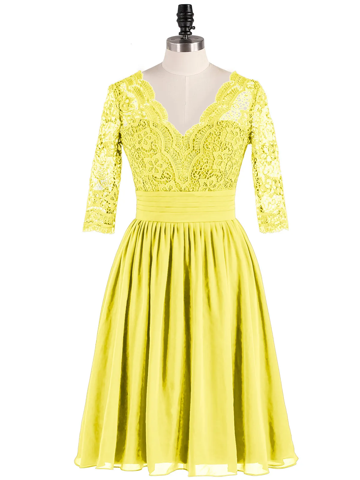 Lace and Chiffon Short Dress with Half Sleeves Lemon