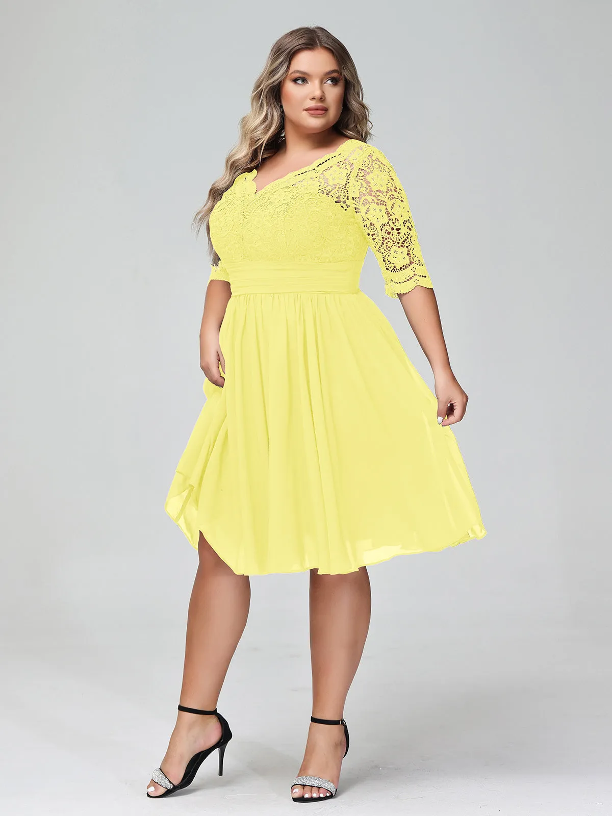 Lace and Chiffon Short Dress with Half Sleeves Lemon