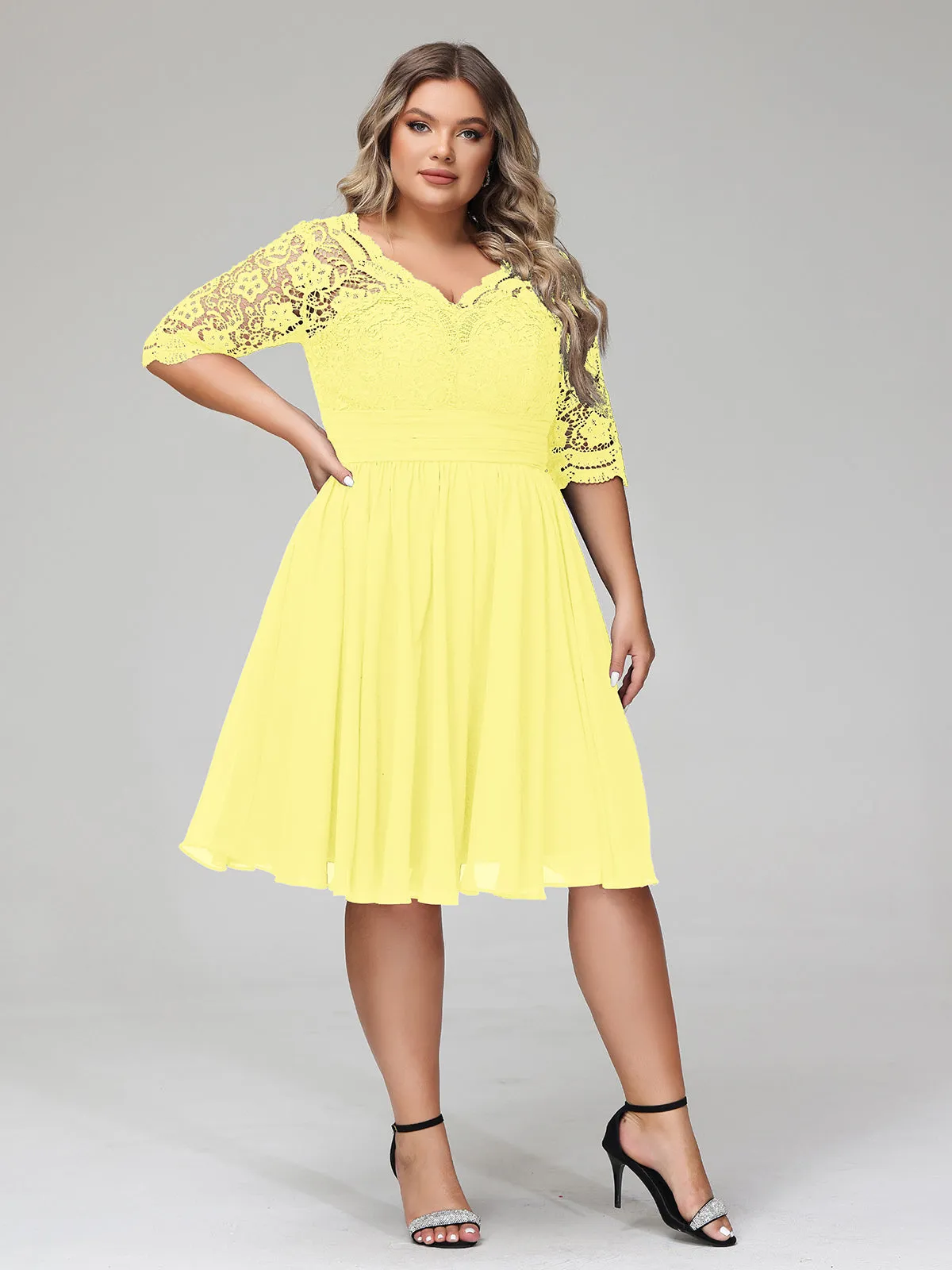 Lace and Chiffon Short Dress with Half Sleeves Lemon