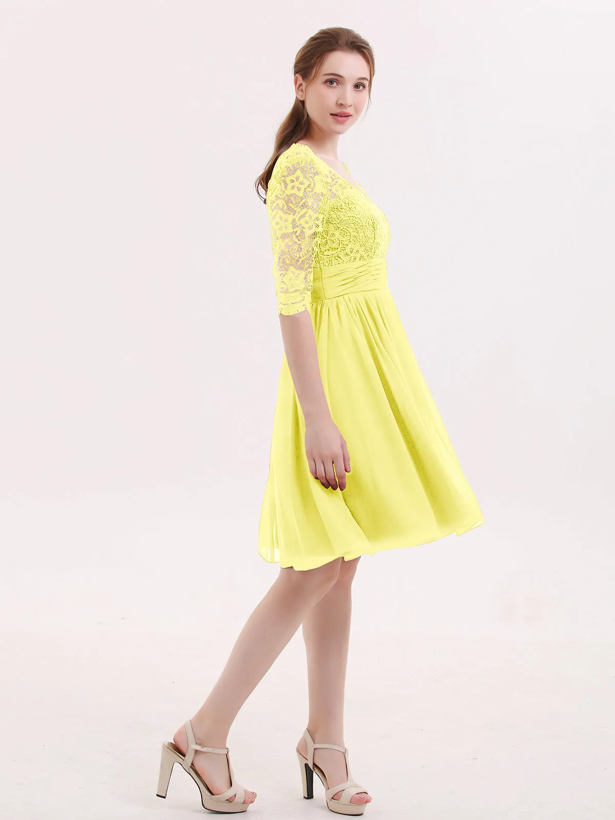 Lace and Chiffon Short Dress with Half Sleeves Lemon