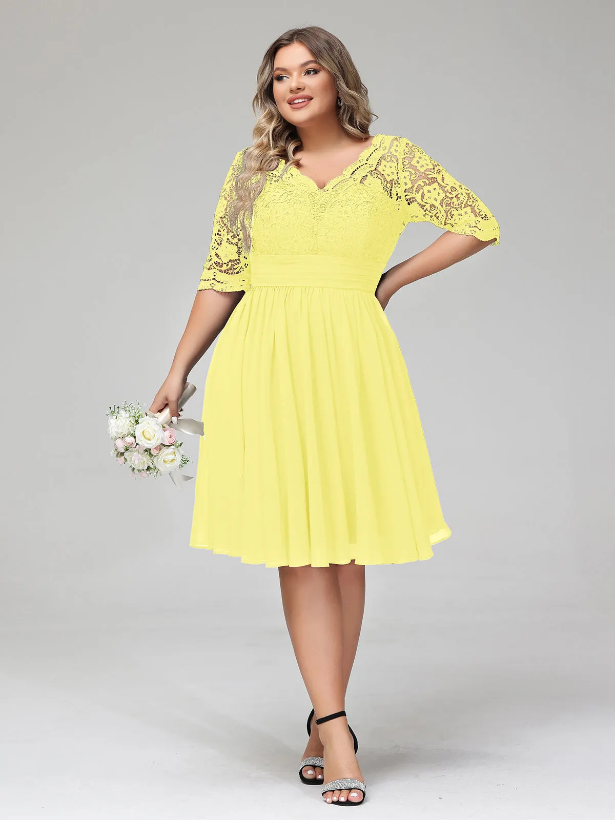 Lace and Chiffon Short Dress with Half Sleeves Lemon
