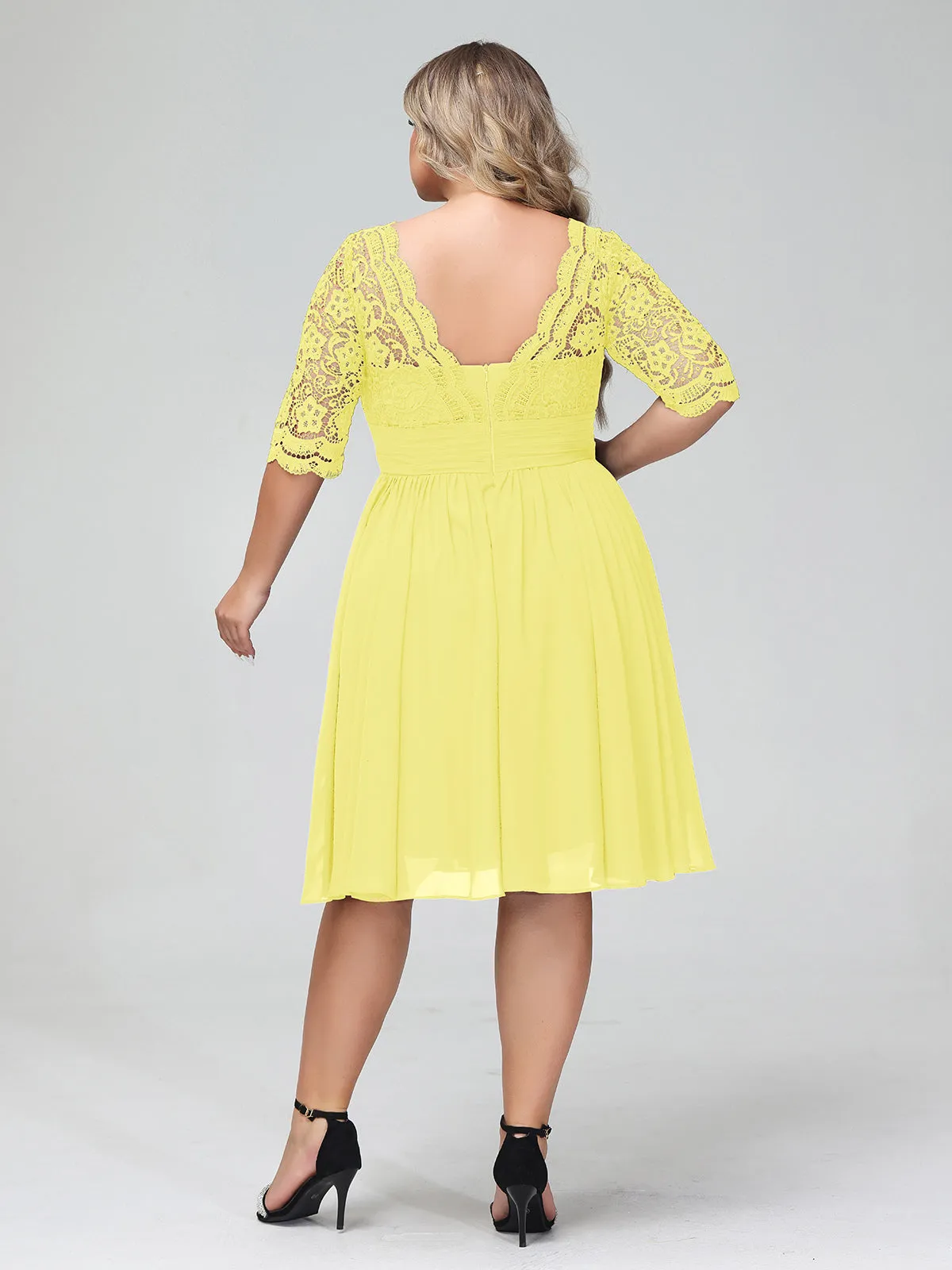 Lace and Chiffon Short Dress with Half Sleeves Lemon