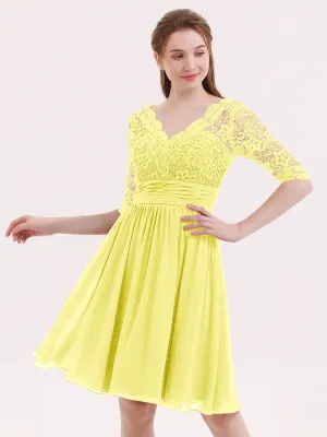 Lace and Chiffon Short Dress with Half Sleeves Lemon