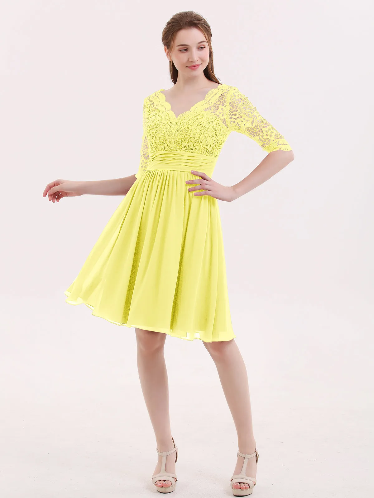 Lace and Chiffon Short Dress with Half Sleeves Lemon