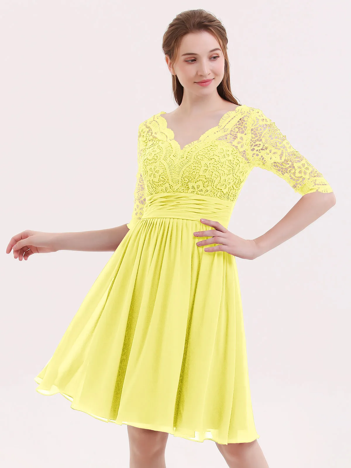 Lace and Chiffon Short Dress with Half Sleeves Lemon
