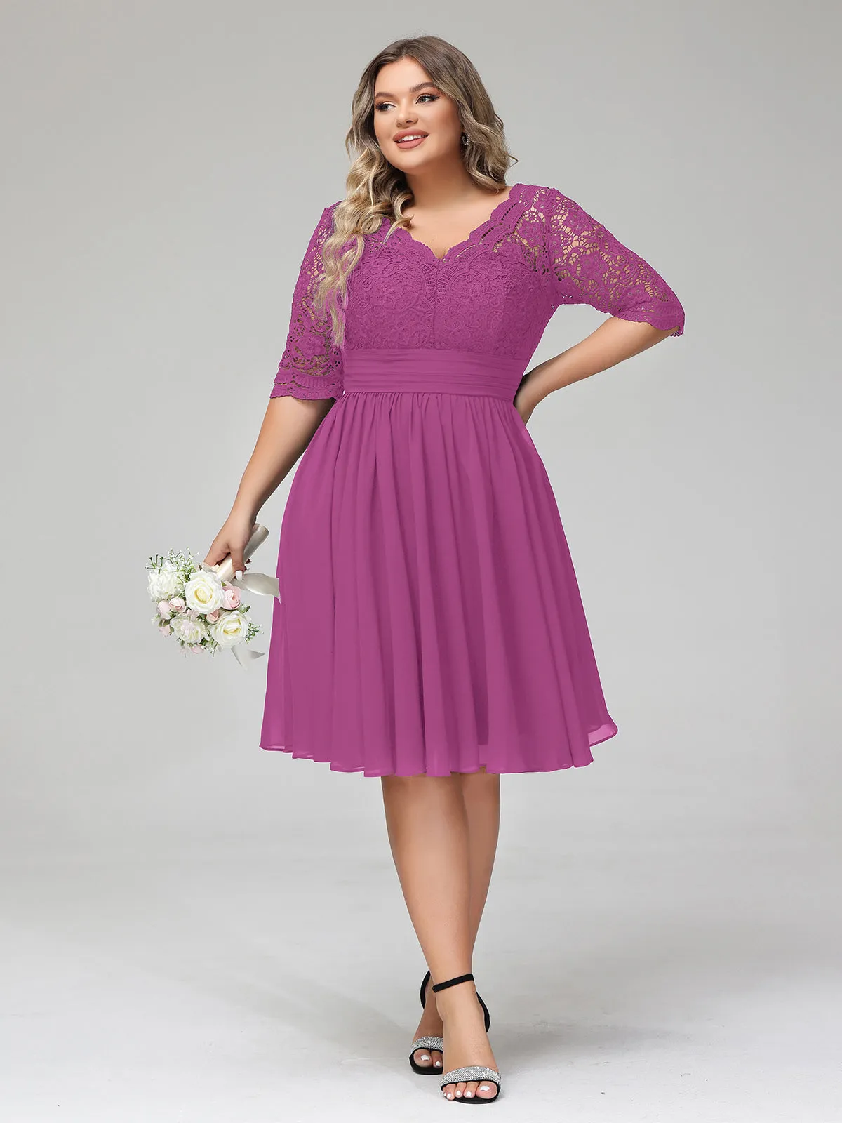 Lace and Chiffon Short Dress with Half Sleeves Orchid