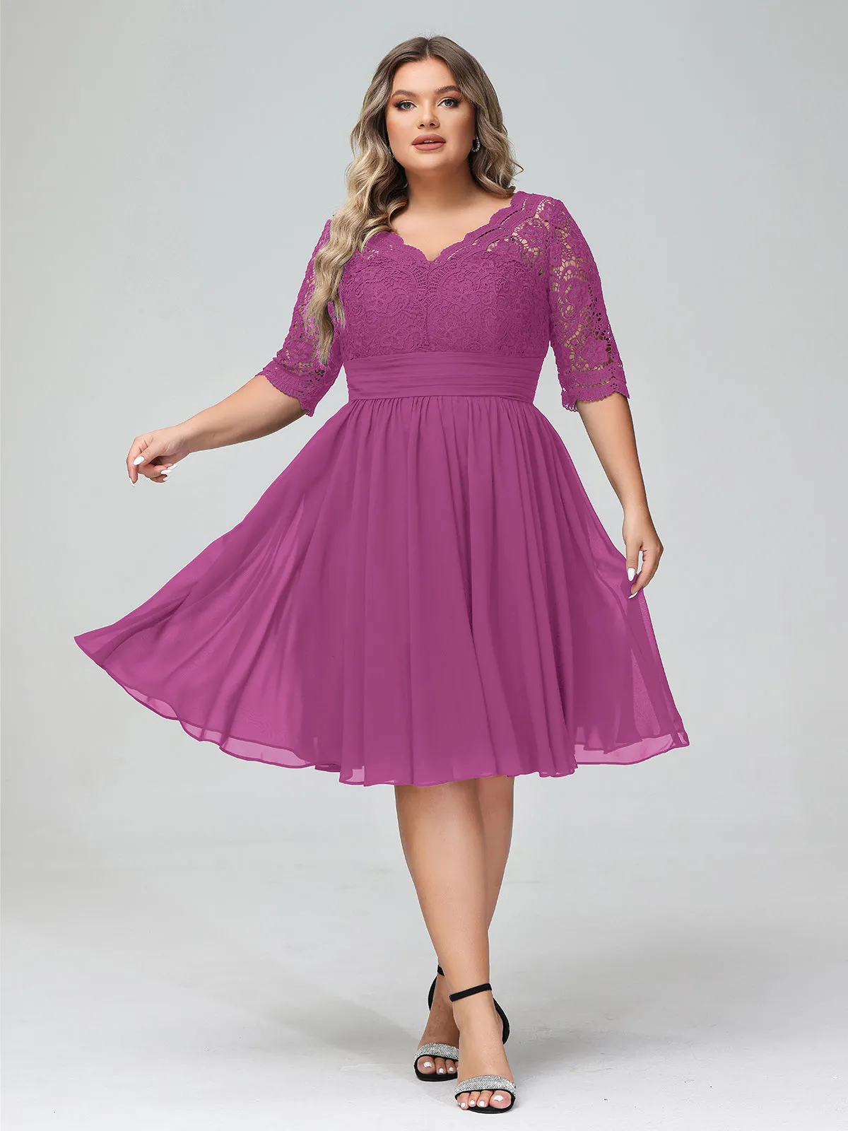 Lace and Chiffon Short Dress with Half Sleeves Orchid