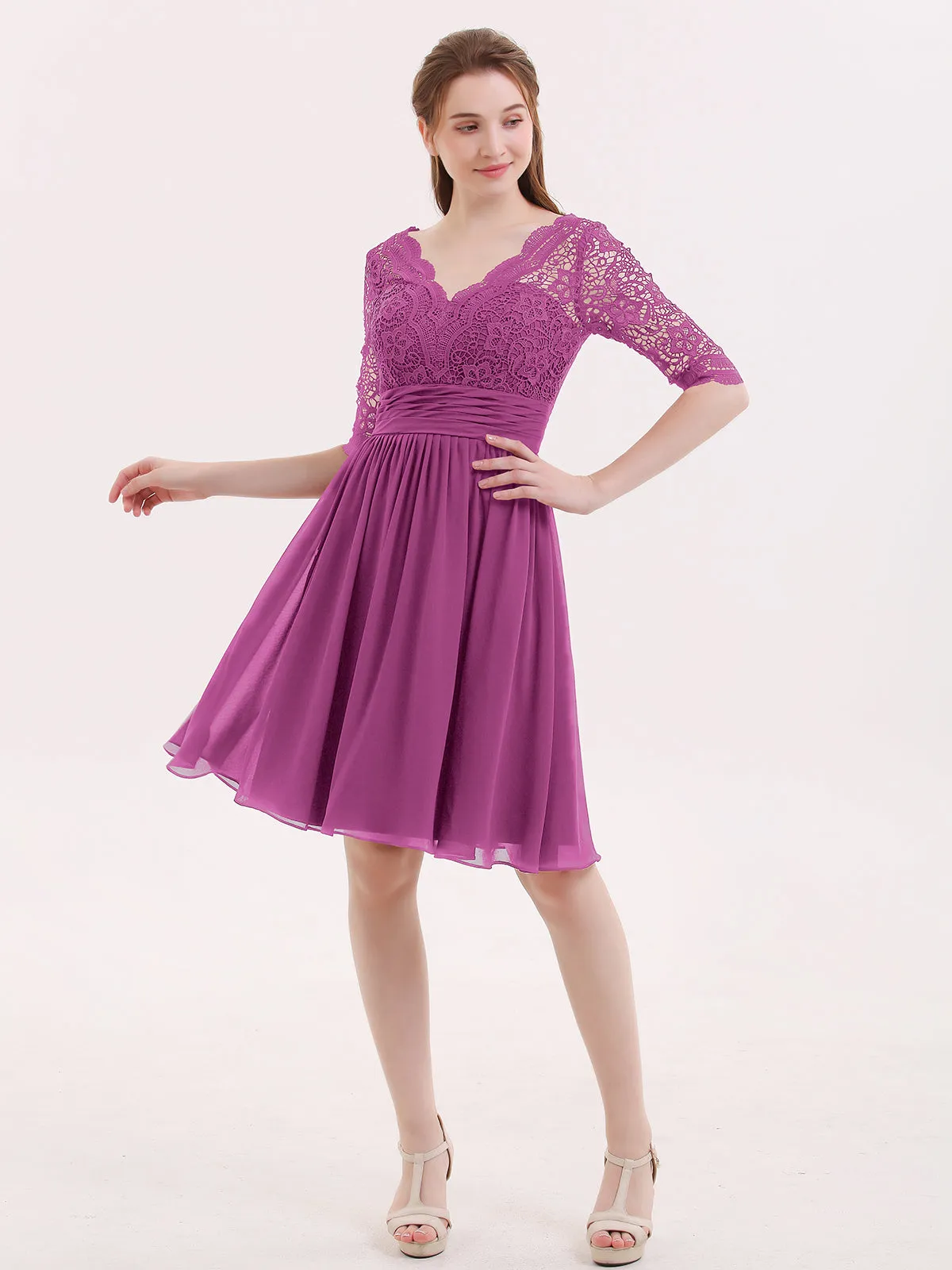 Lace and Chiffon Short Dress with Half Sleeves Orchid
