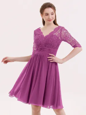 Lace and Chiffon Short Dress with Half Sleeves Orchid