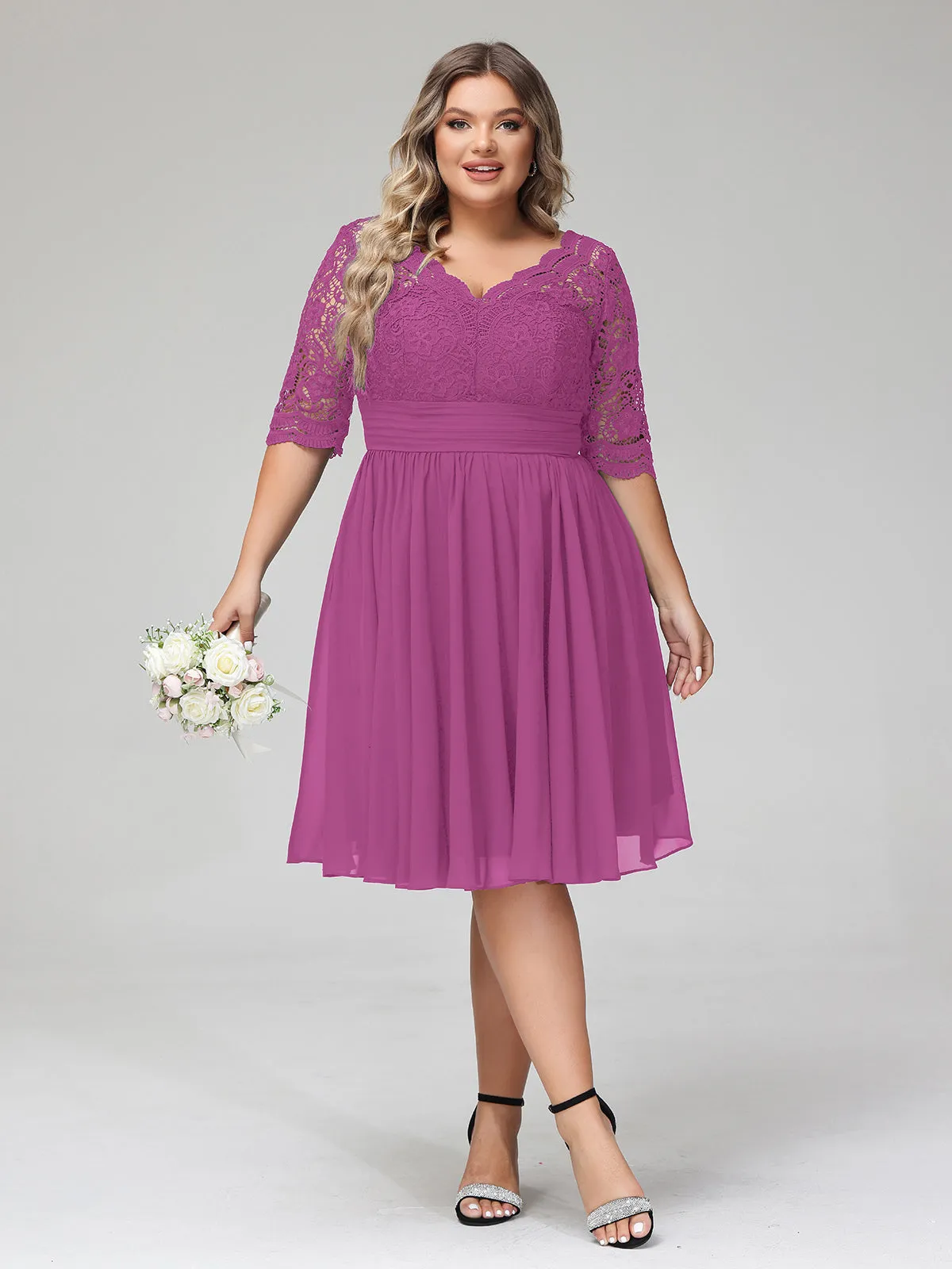 Lace and Chiffon Short Dress with Half Sleeves Orchid