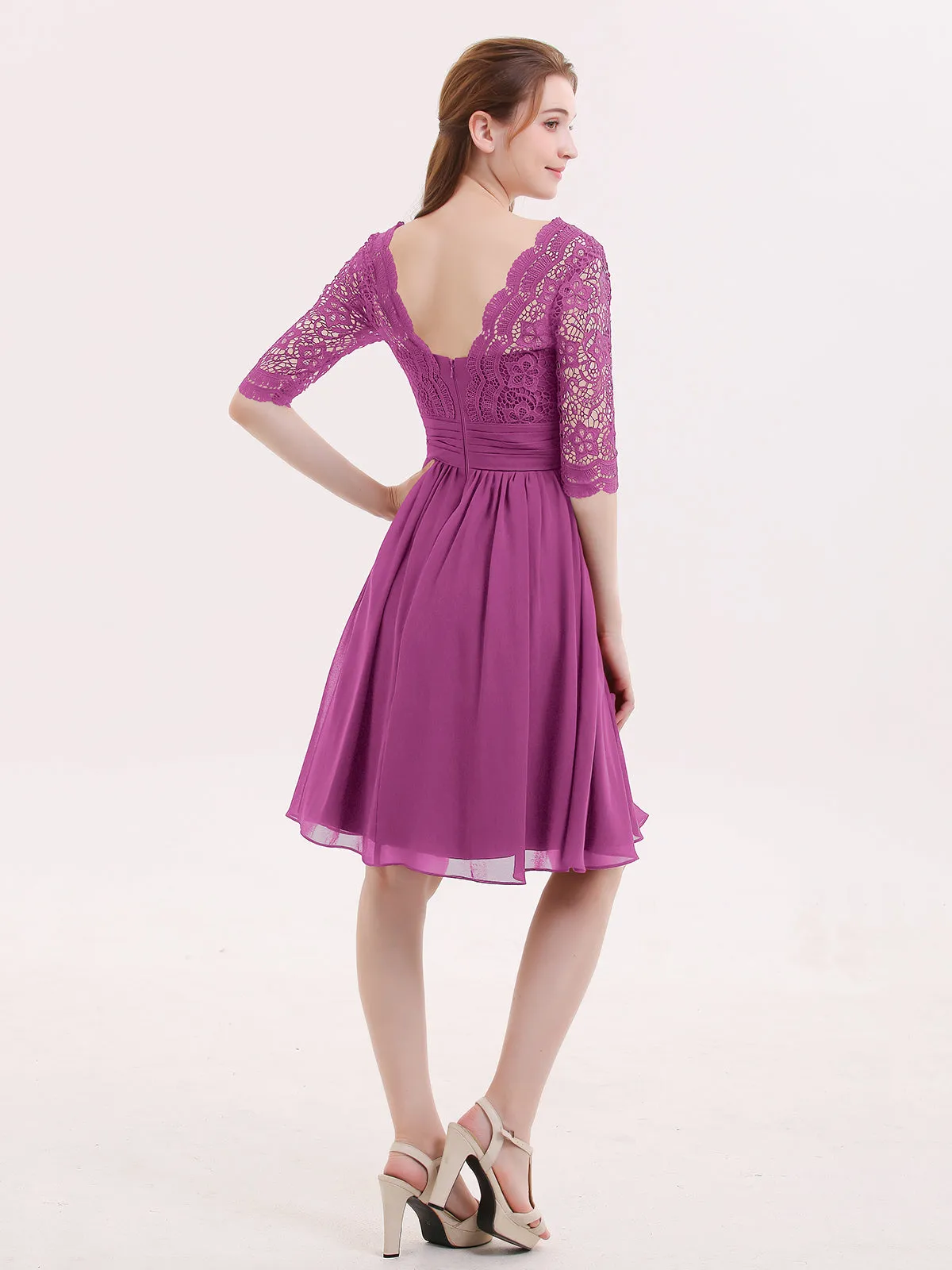 Lace and Chiffon Short Dress with Half Sleeves Orchid