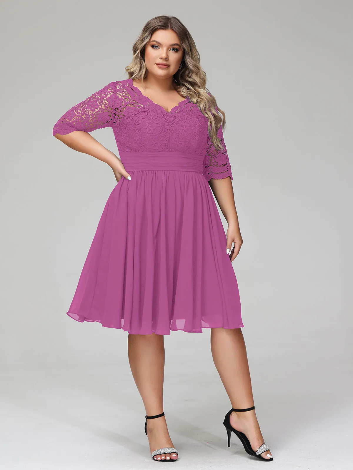 Lace and Chiffon Short Dress with Half Sleeves Orchid