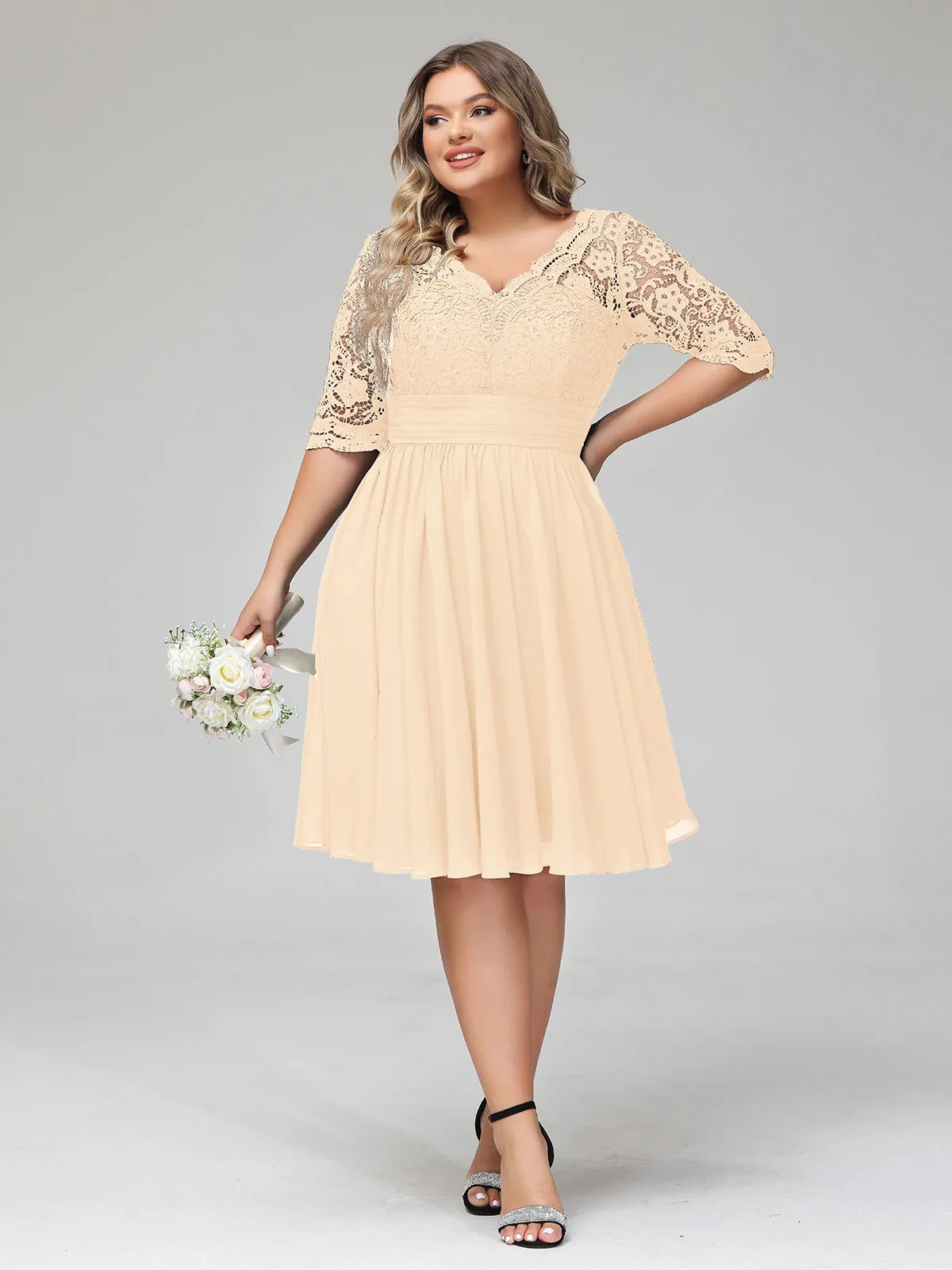 Lace and Chiffon Short Dress with Half Sleeves Peach