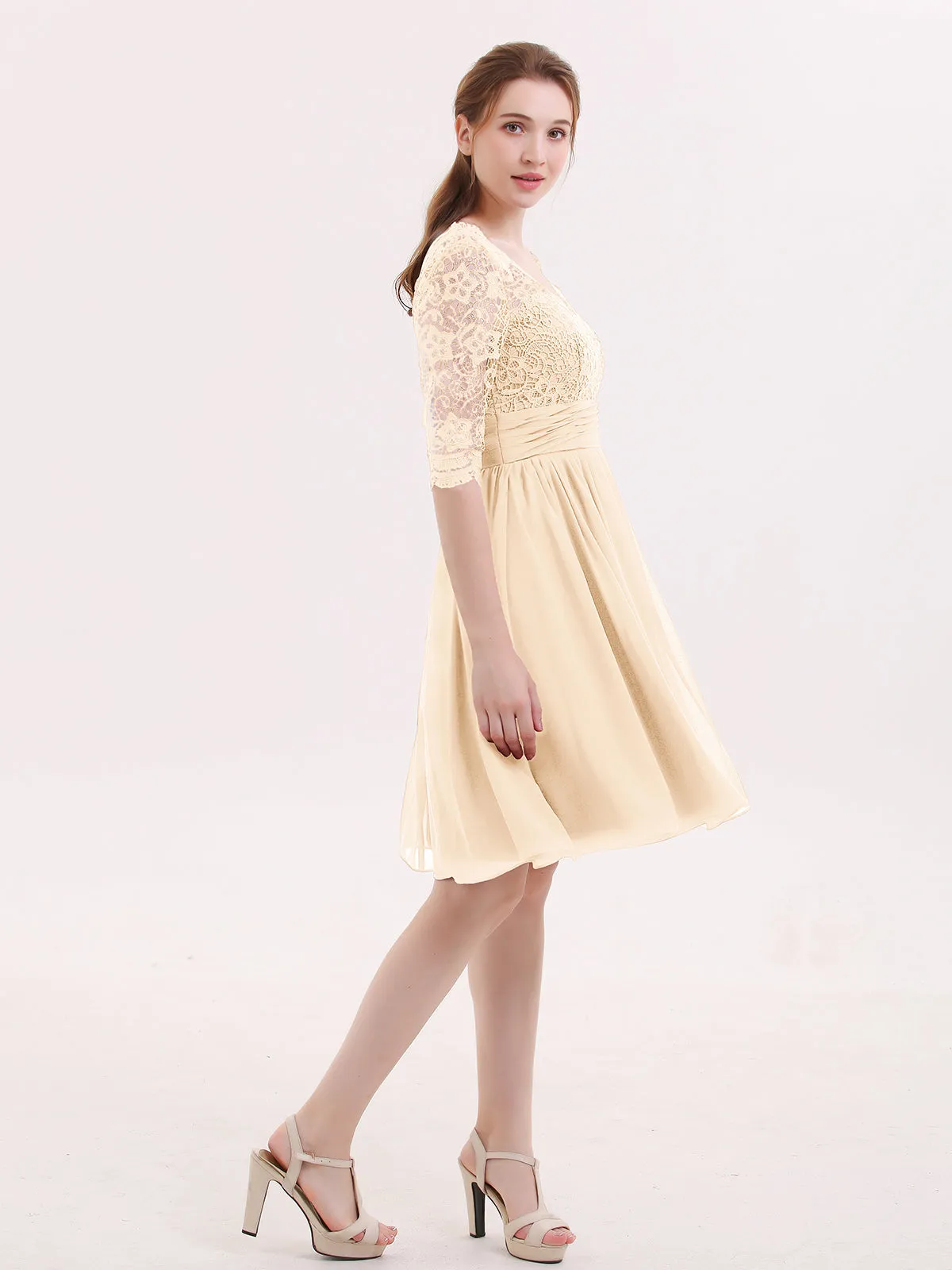Lace and Chiffon Short Dress with Half Sleeves Peach