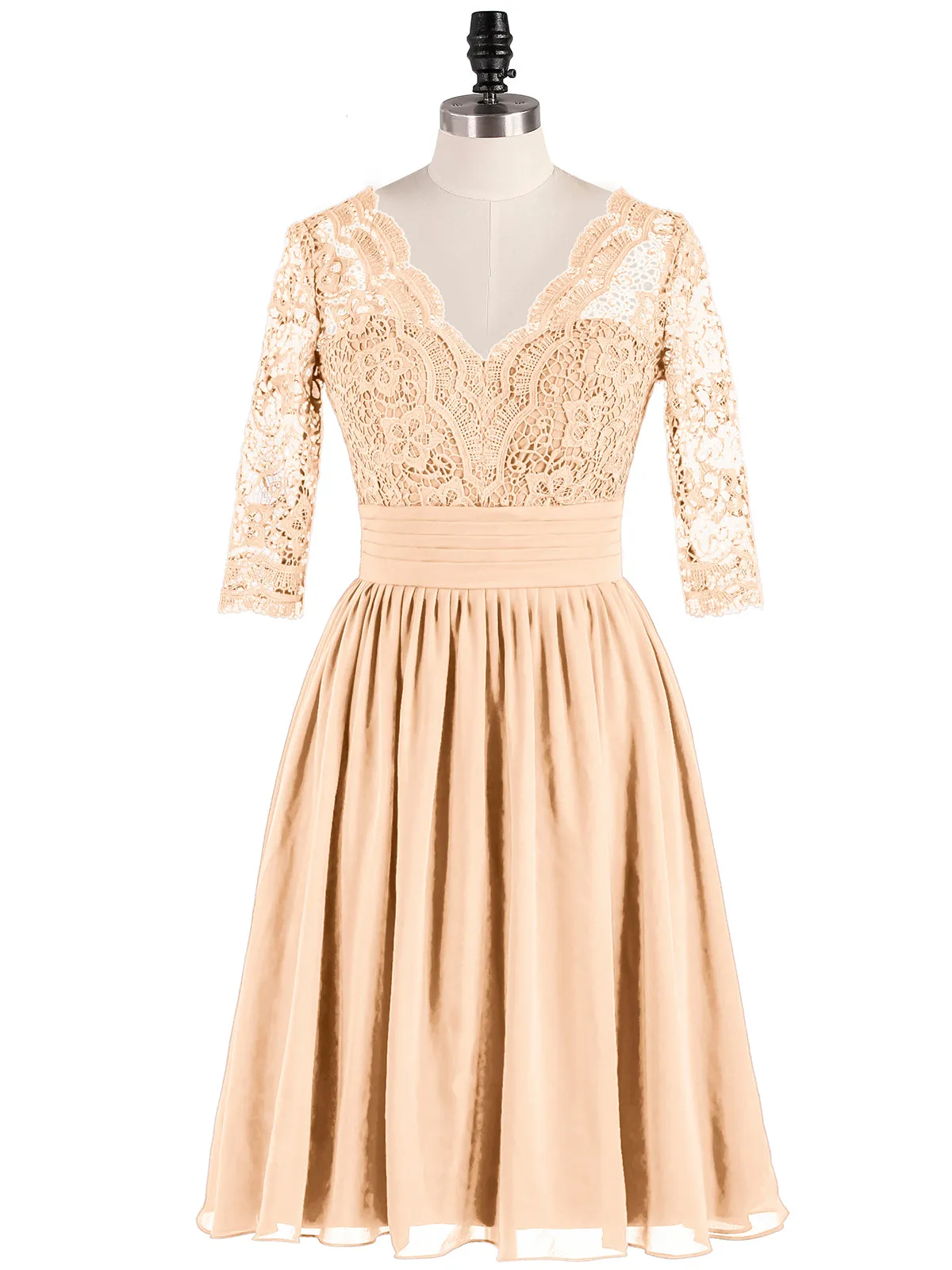 Lace and Chiffon Short Dress with Half Sleeves Peach