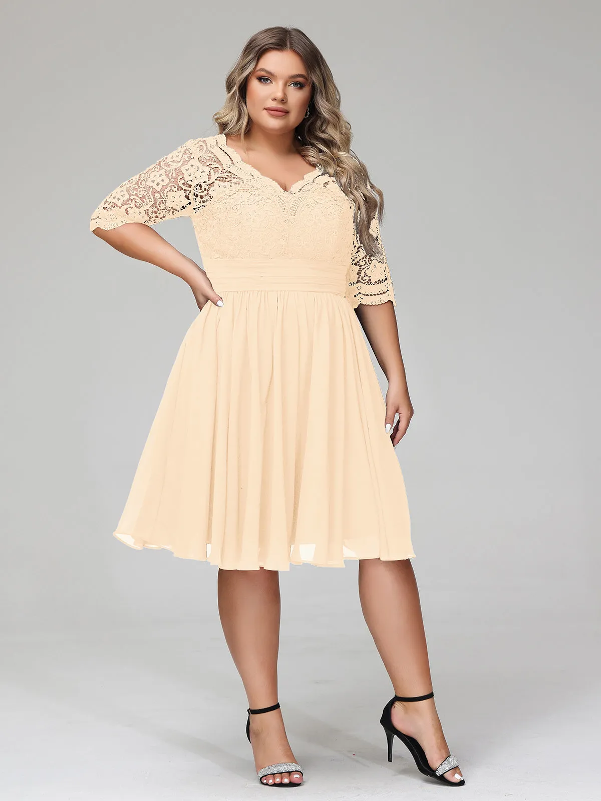 Lace and Chiffon Short Dress with Half Sleeves Peach