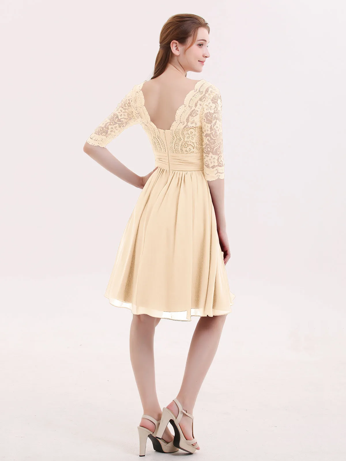 Lace and Chiffon Short Dress with Half Sleeves Peach