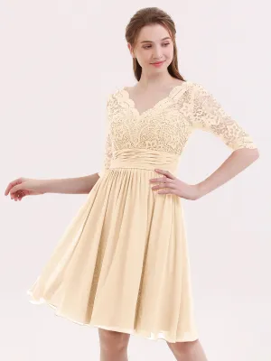 Lace and Chiffon Short Dress with Half Sleeves Peach