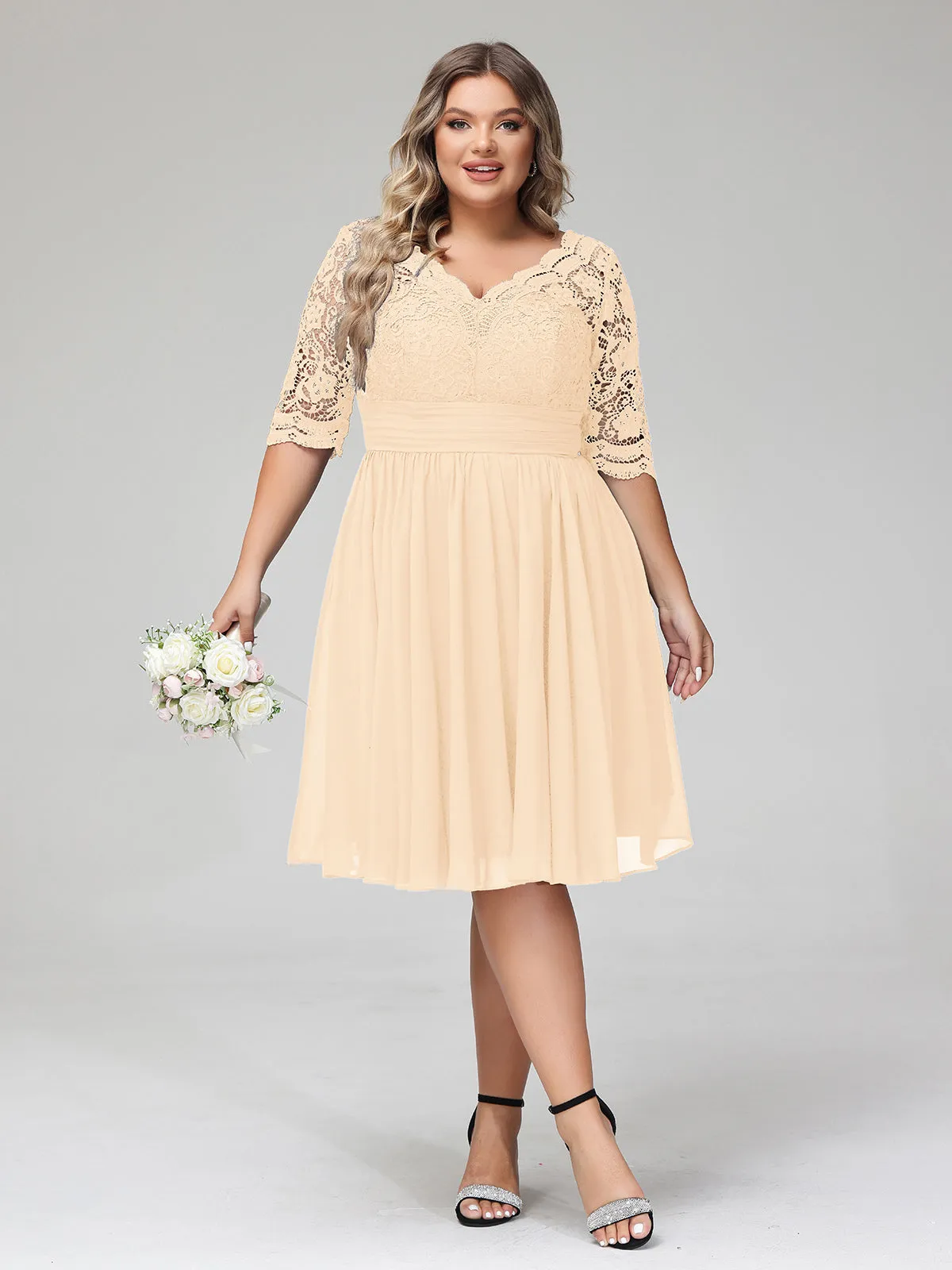 Lace and Chiffon Short Dress with Half Sleeves Peach