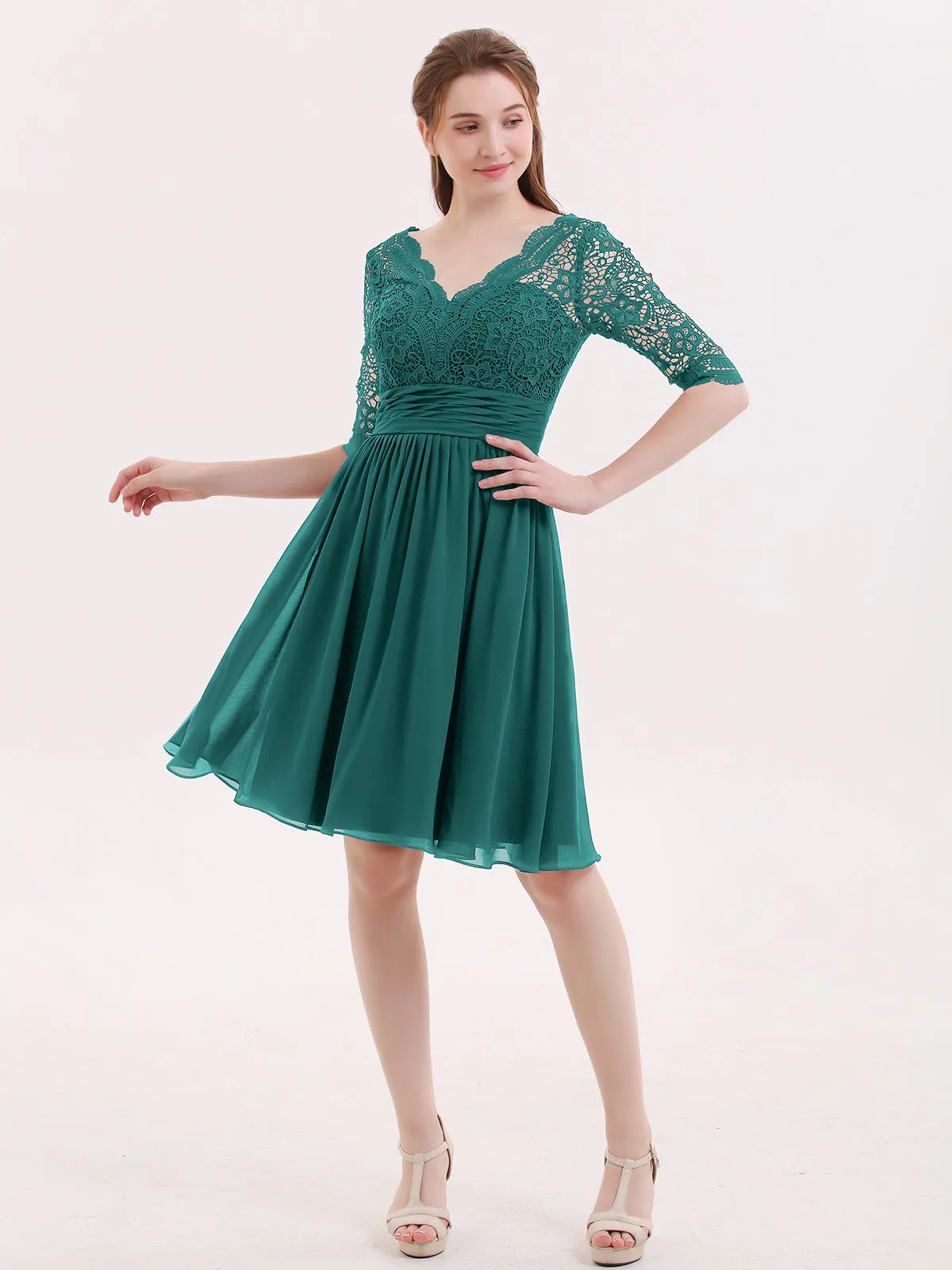 Lace and Chiffon Short Dress with Half Sleeves Peacock