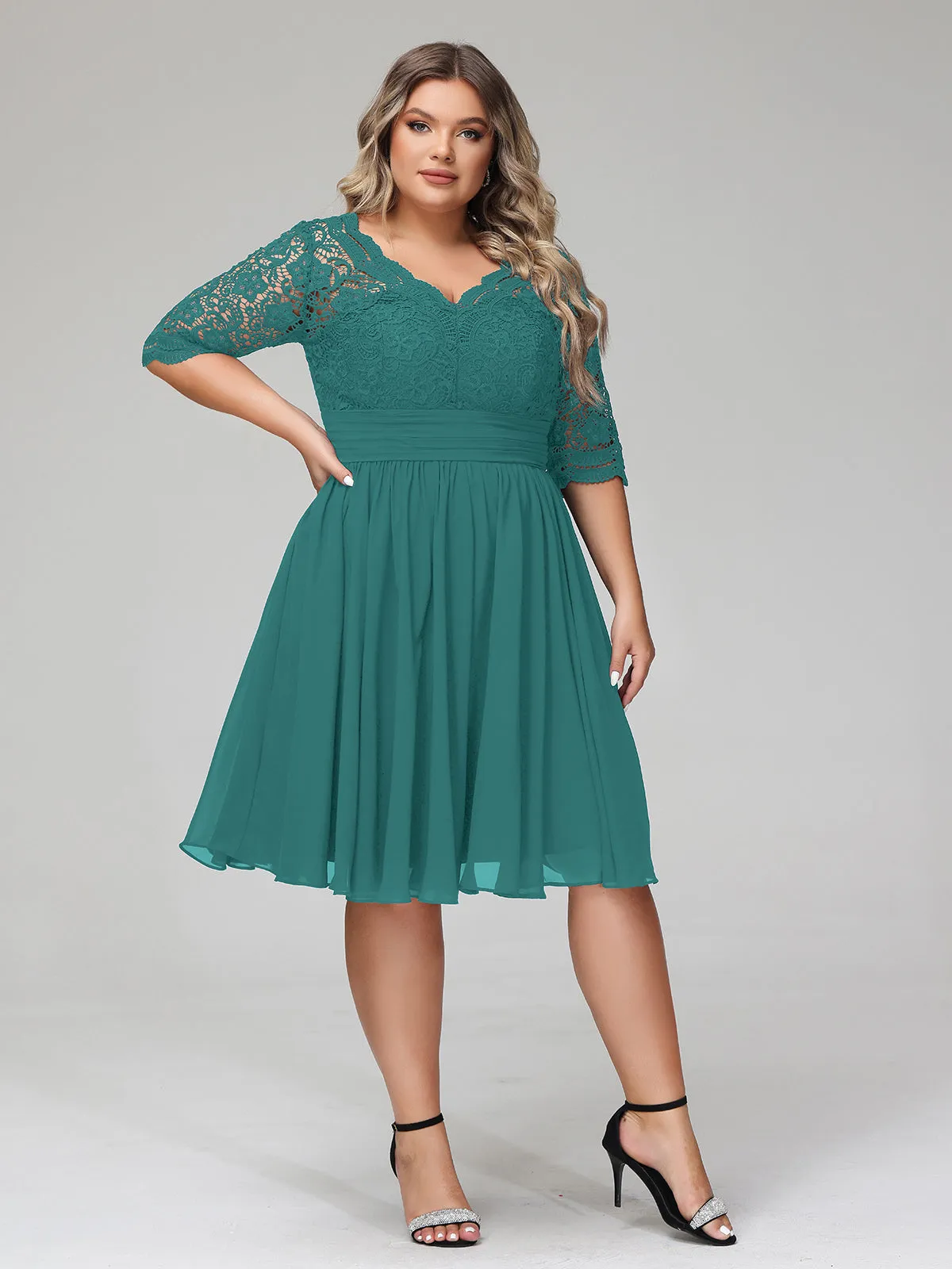 Lace and Chiffon Short Dress with Half Sleeves Peacock