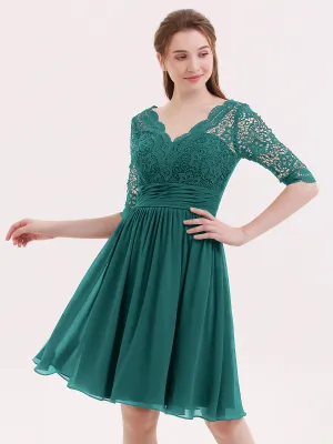 Lace and Chiffon Short Dress with Half Sleeves Peacock