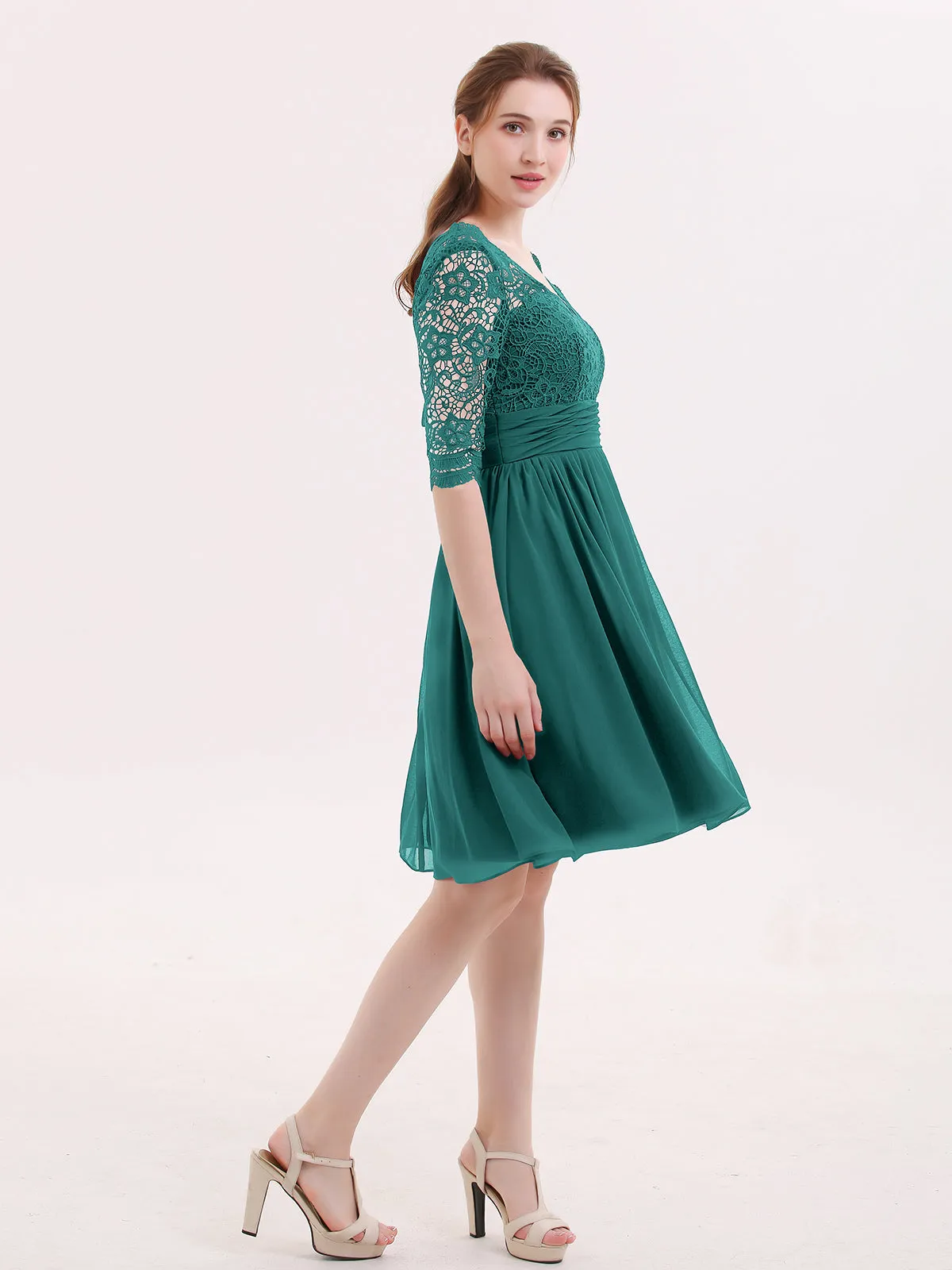 Lace and Chiffon Short Dress with Half Sleeves Peacock