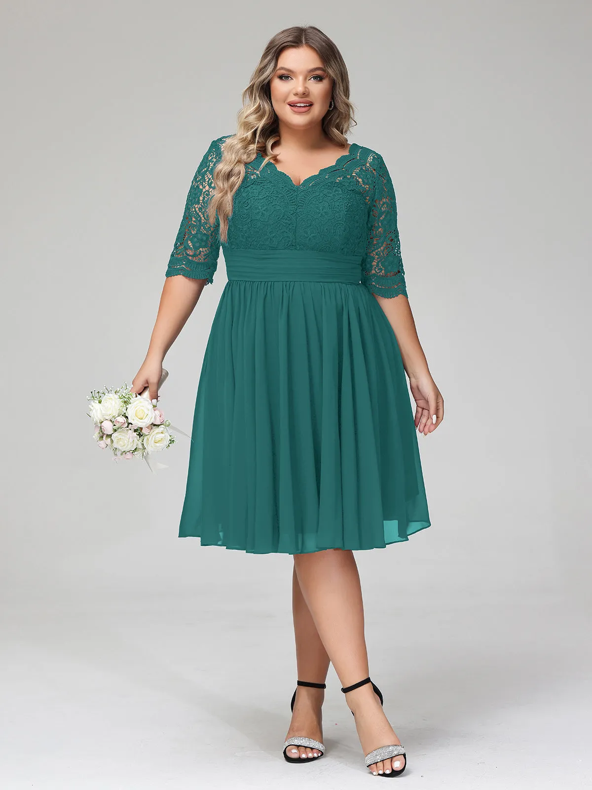 Lace and Chiffon Short Dress with Half Sleeves Peacock