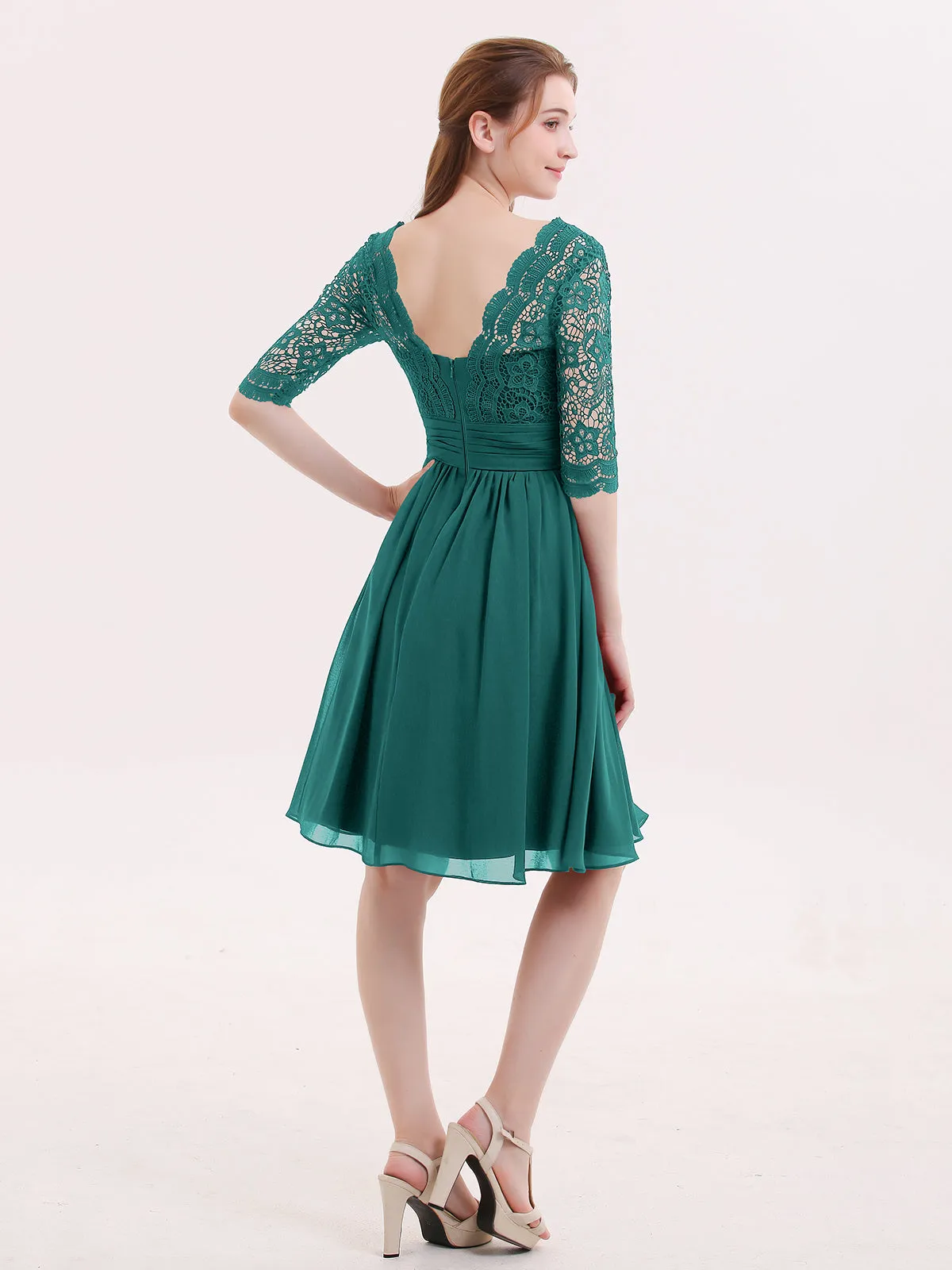 Lace and Chiffon Short Dress with Half Sleeves Peacock