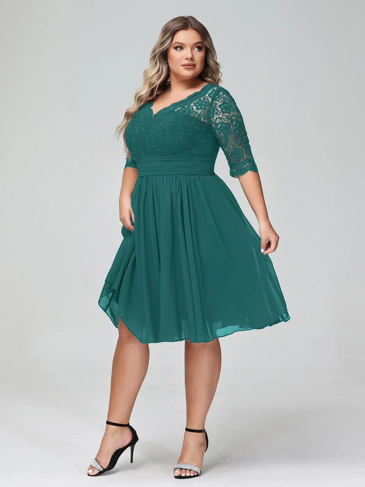 Lace and Chiffon Short Dress with Half Sleeves Peacock