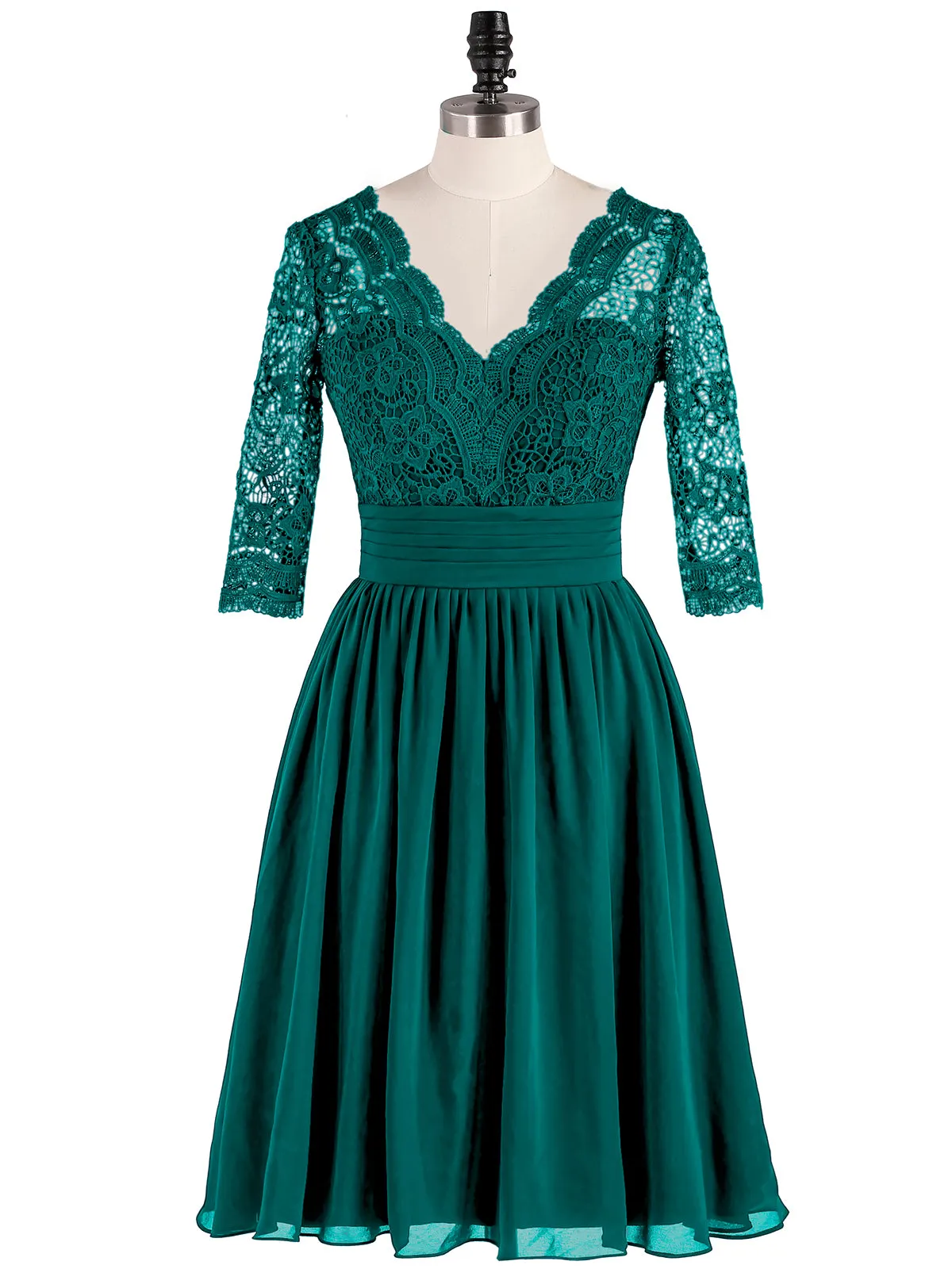 Lace and Chiffon Short Dress with Half Sleeves Peacock
