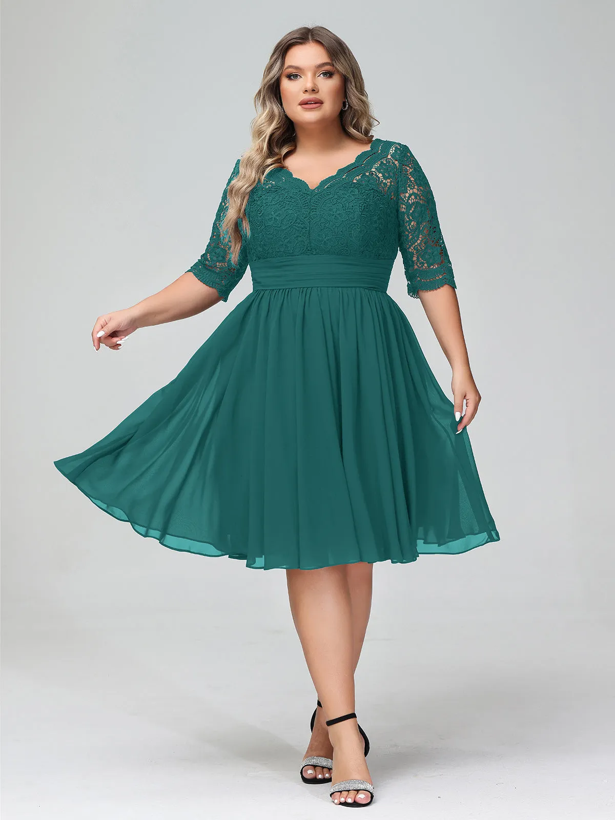 Lace and Chiffon Short Dress with Half Sleeves Peacock