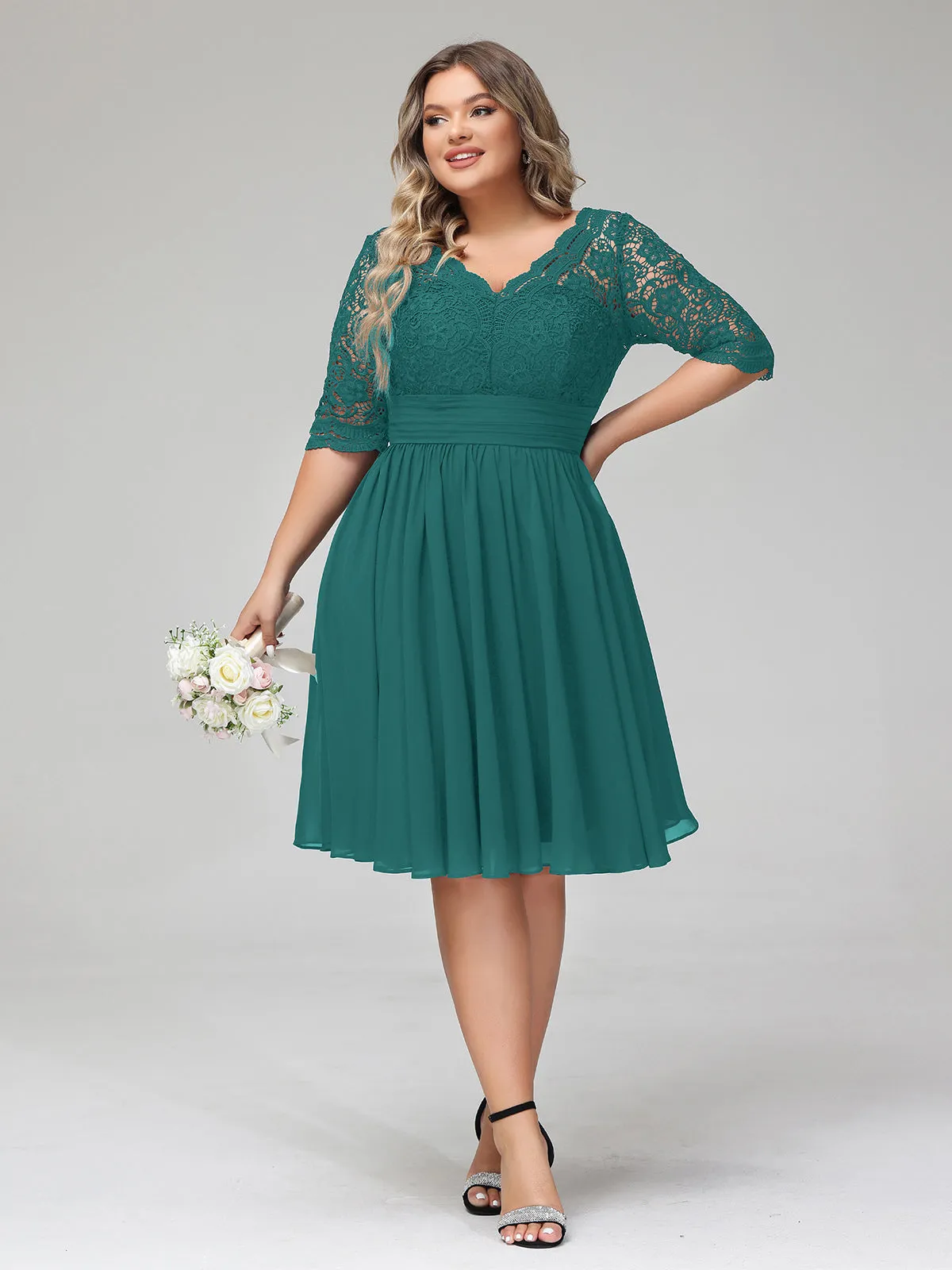 Lace and Chiffon Short Dress with Half Sleeves Peacock