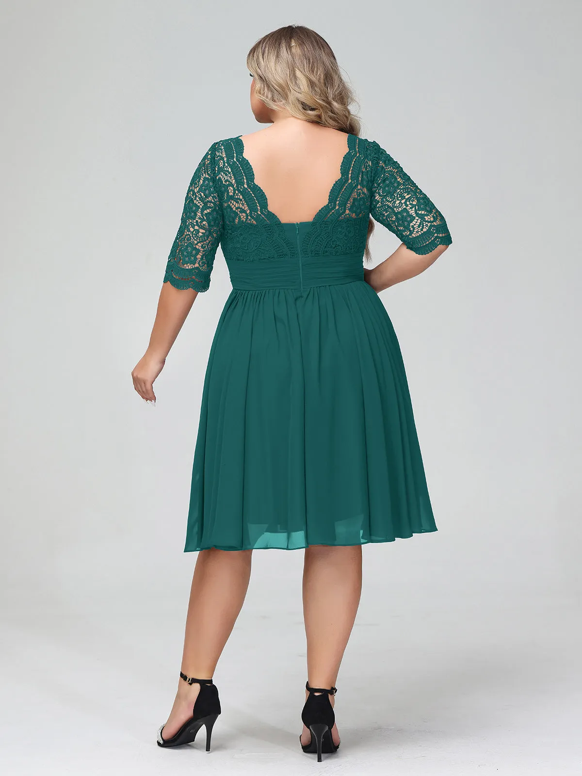Lace and Chiffon Short Dress with Half Sleeves Peacock