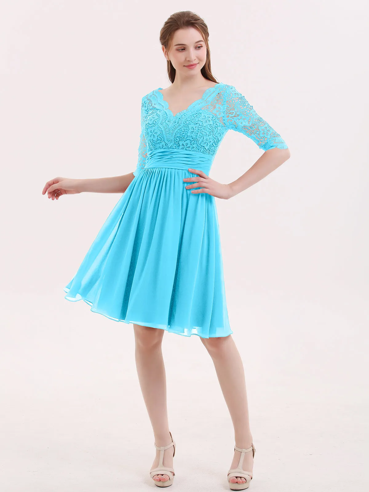 Lace and Chiffon Short Dress with Half Sleeves Pool