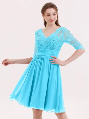 Lace and Chiffon Short Dress with Half Sleeves Pool