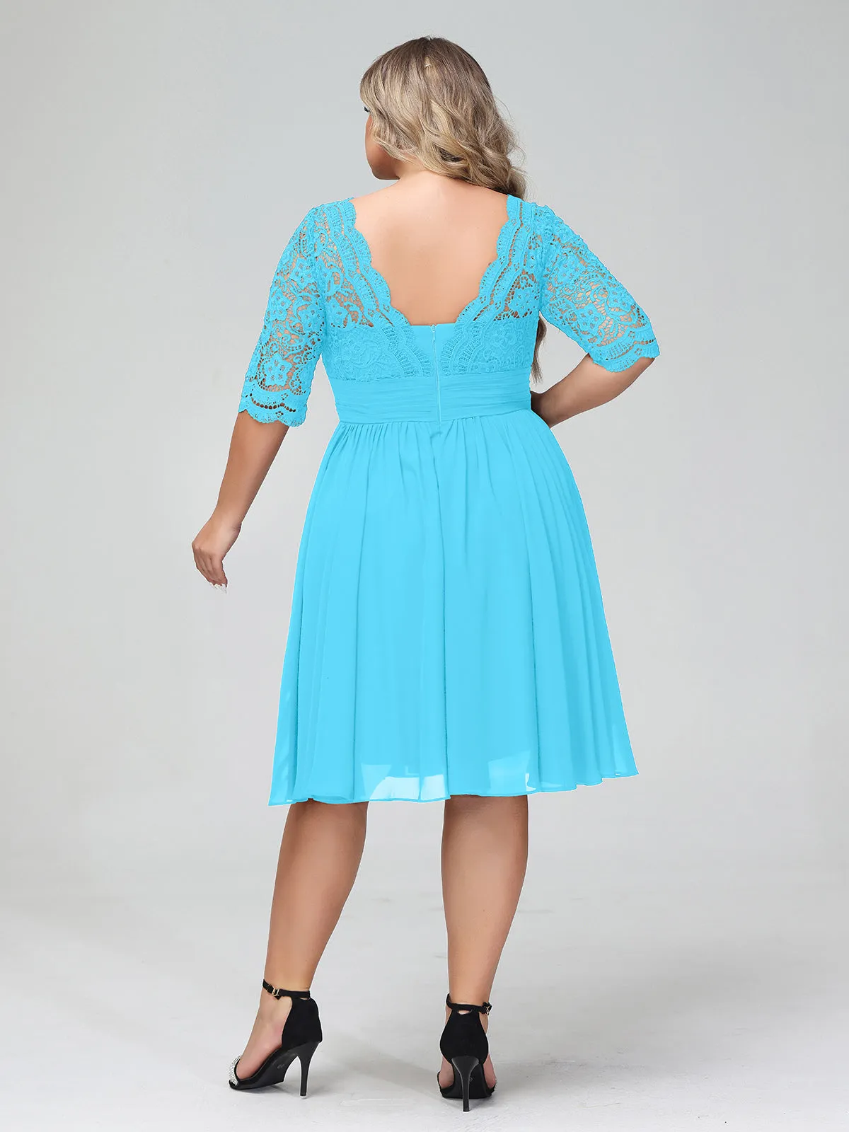 Lace and Chiffon Short Dress with Half Sleeves Pool