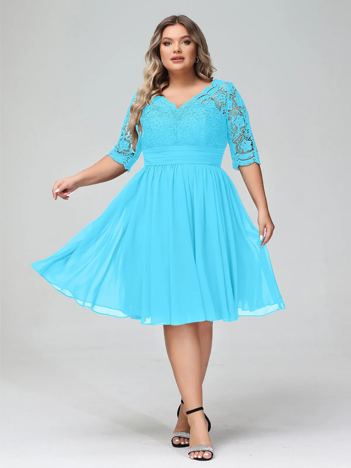 Lace and Chiffon Short Dress with Half Sleeves Pool