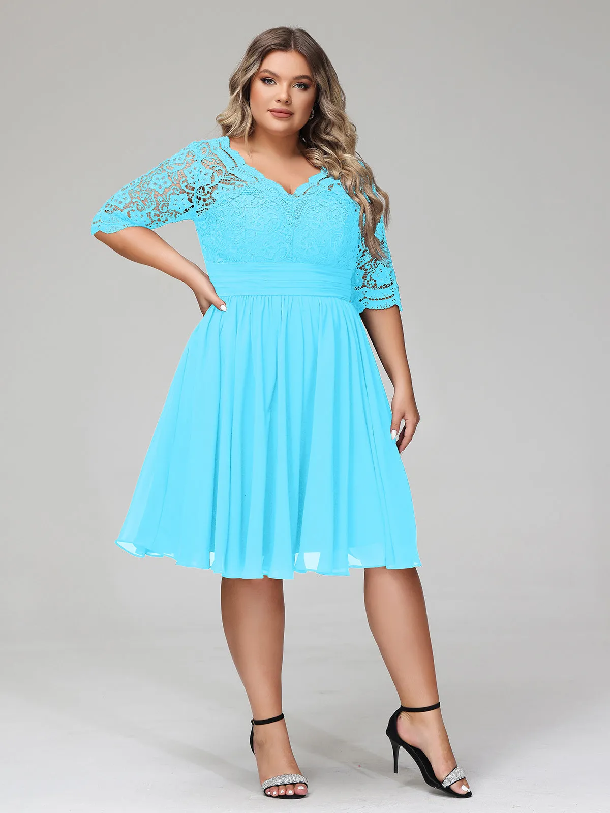 Lace and Chiffon Short Dress with Half Sleeves Pool