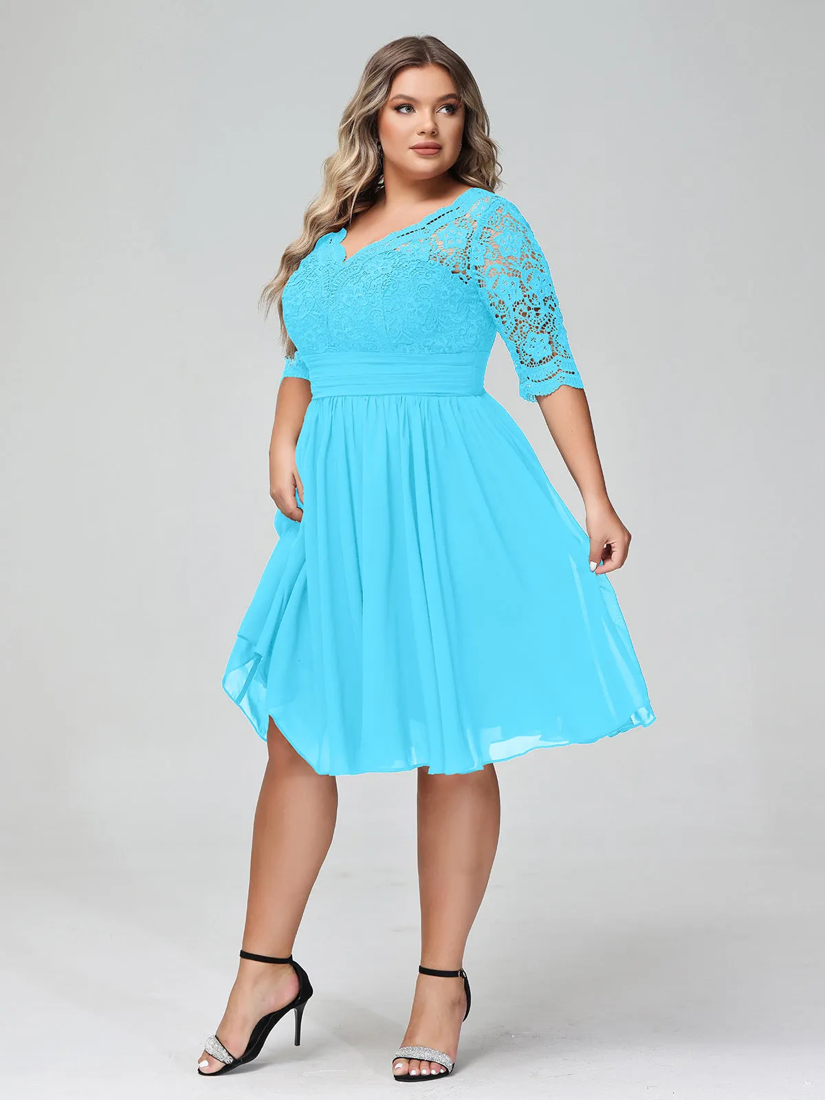 Lace and Chiffon Short Dress with Half Sleeves Pool