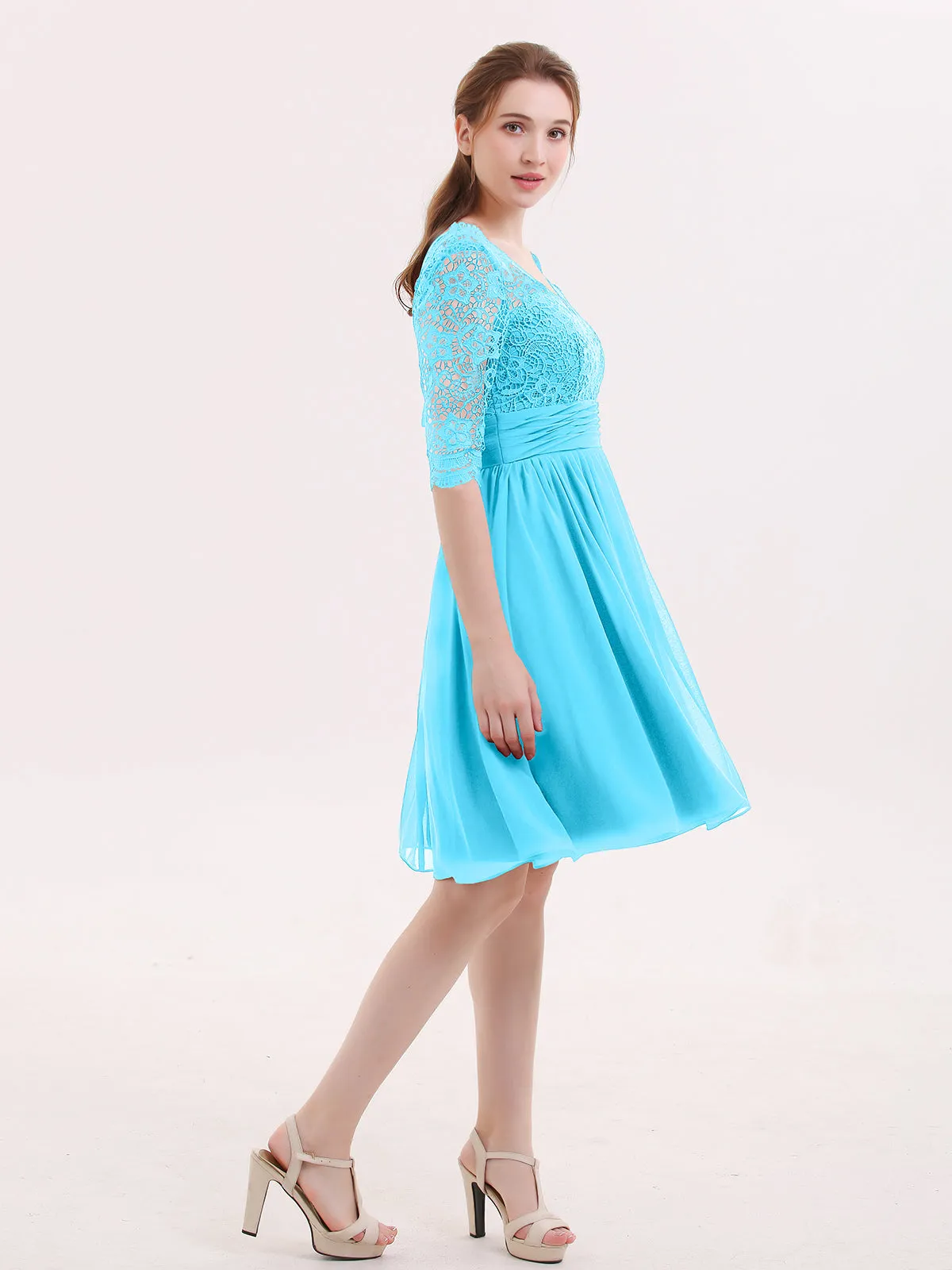 Lace and Chiffon Short Dress with Half Sleeves Pool