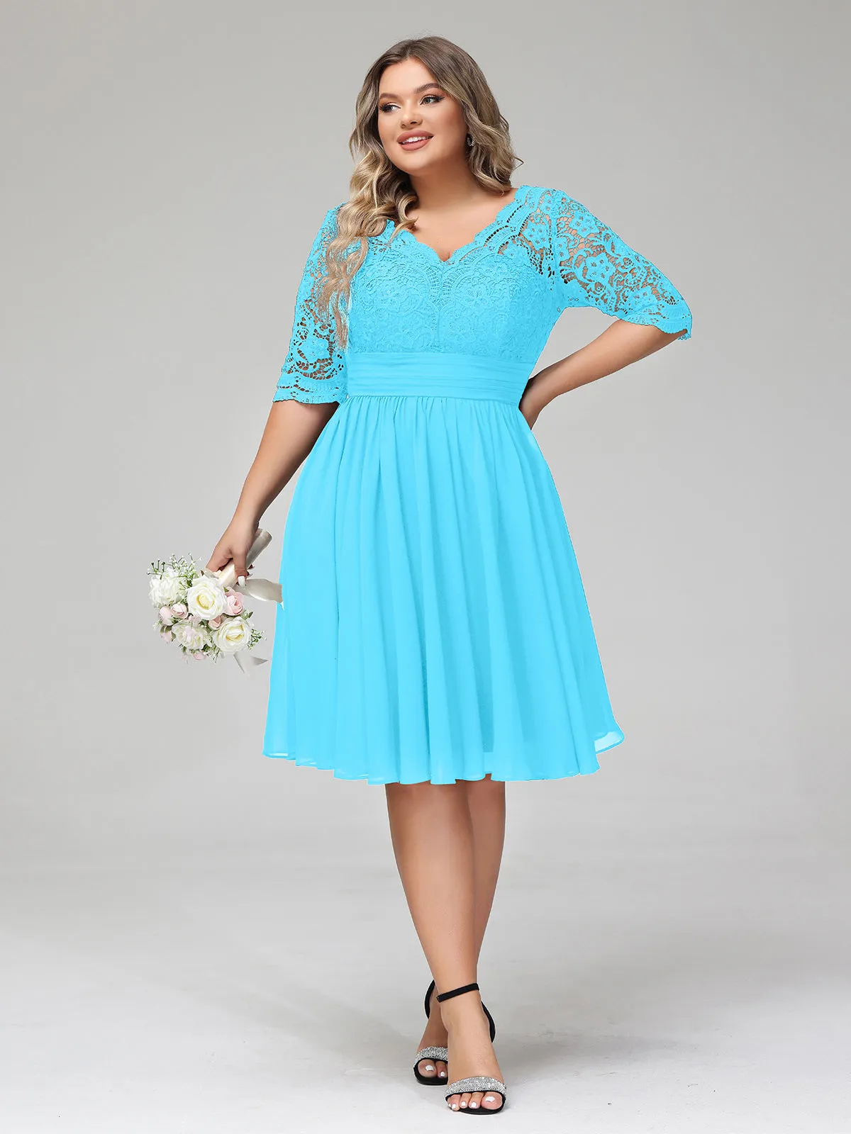 Lace and Chiffon Short Dress with Half Sleeves Pool