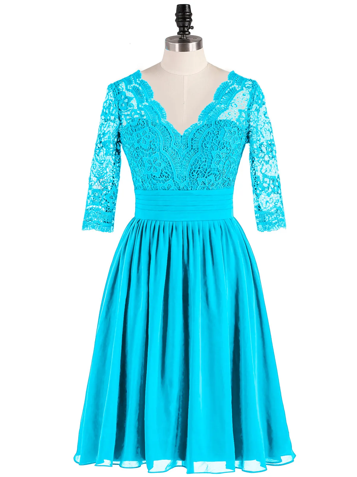 Lace and Chiffon Short Dress with Half Sleeves Pool