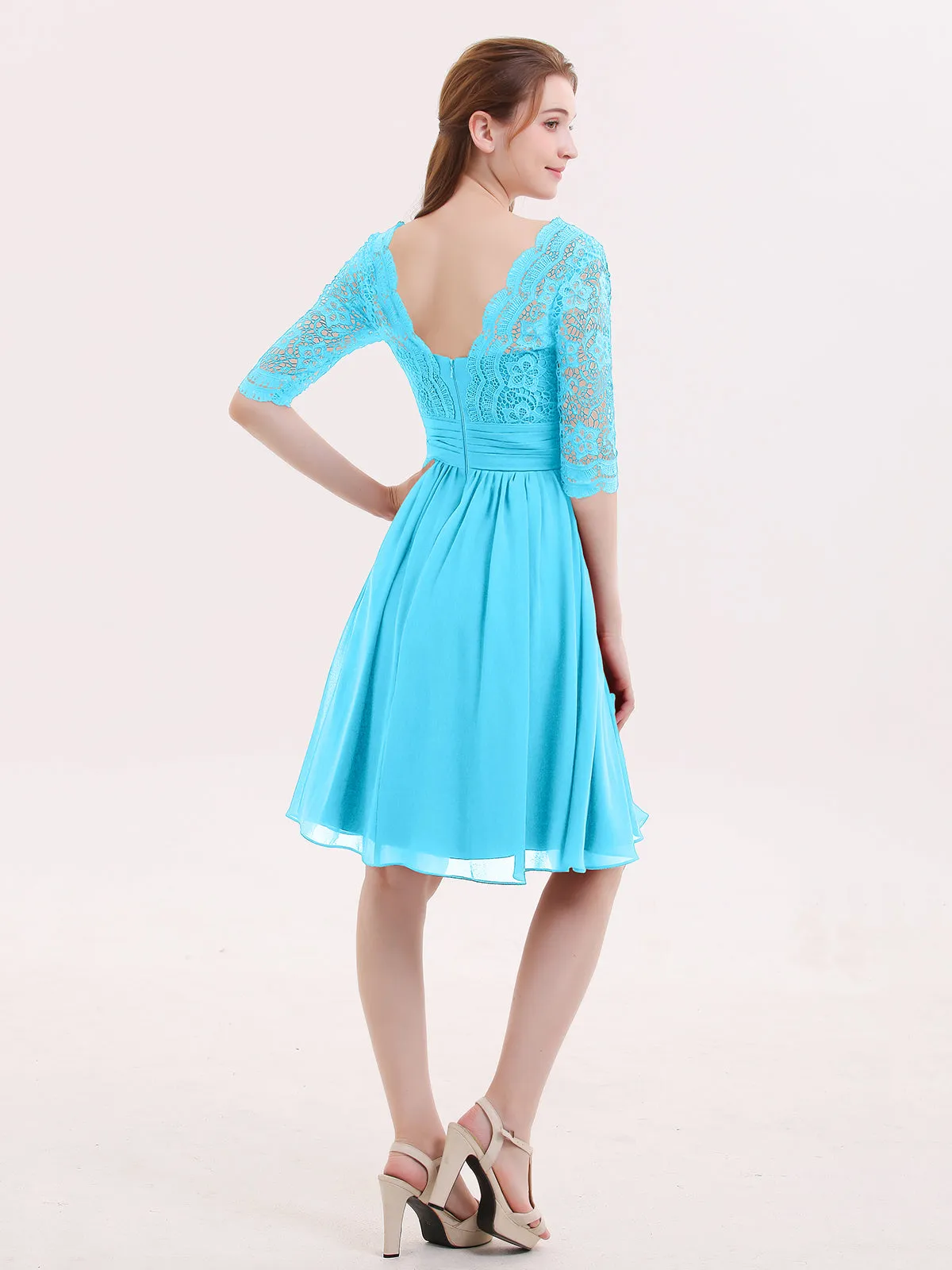 Lace and Chiffon Short Dress with Half Sleeves Pool