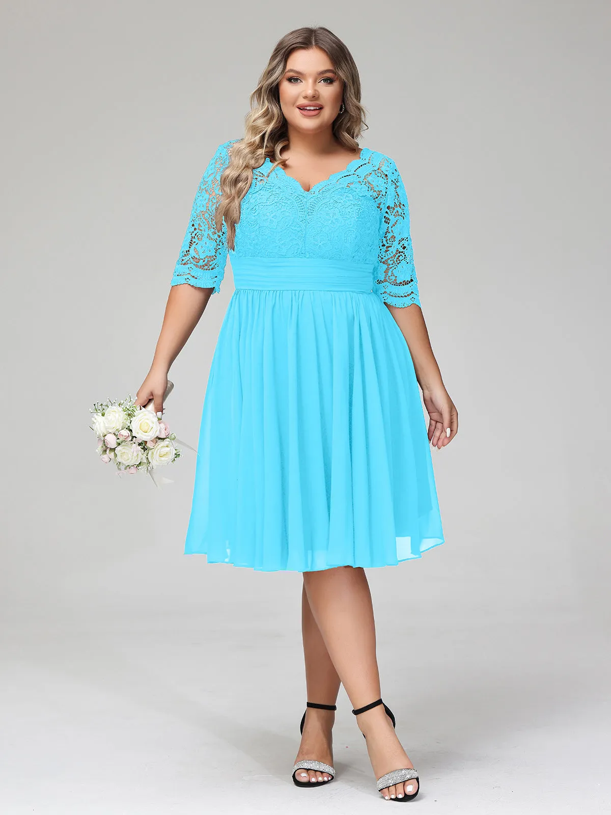Lace and Chiffon Short Dress with Half Sleeves Pool