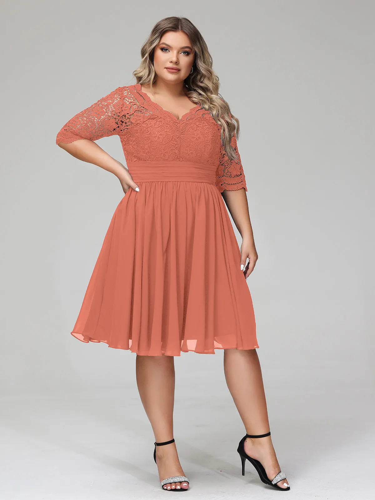 Lace and Chiffon Short Dress with Half Sleeves Rust