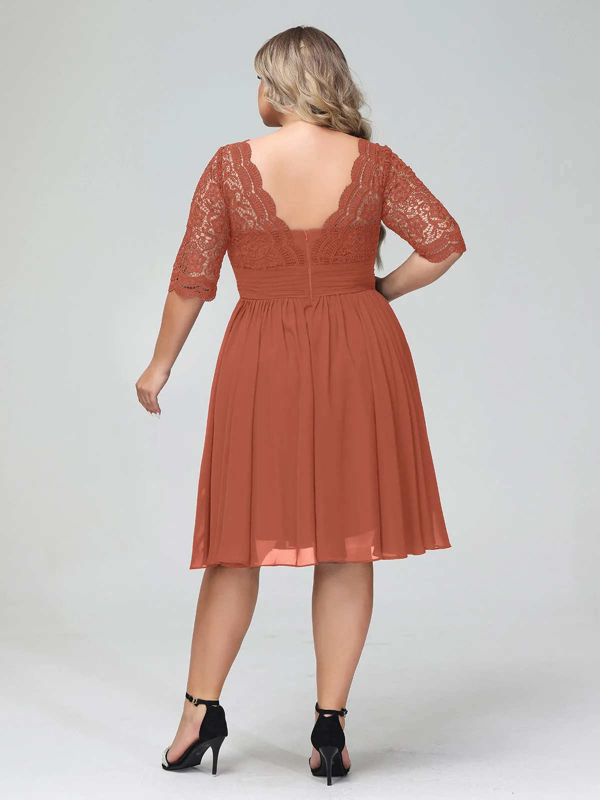 Lace and Chiffon Short Dress with Half Sleeves Rust