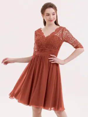 Lace and Chiffon Short Dress with Half Sleeves Rust