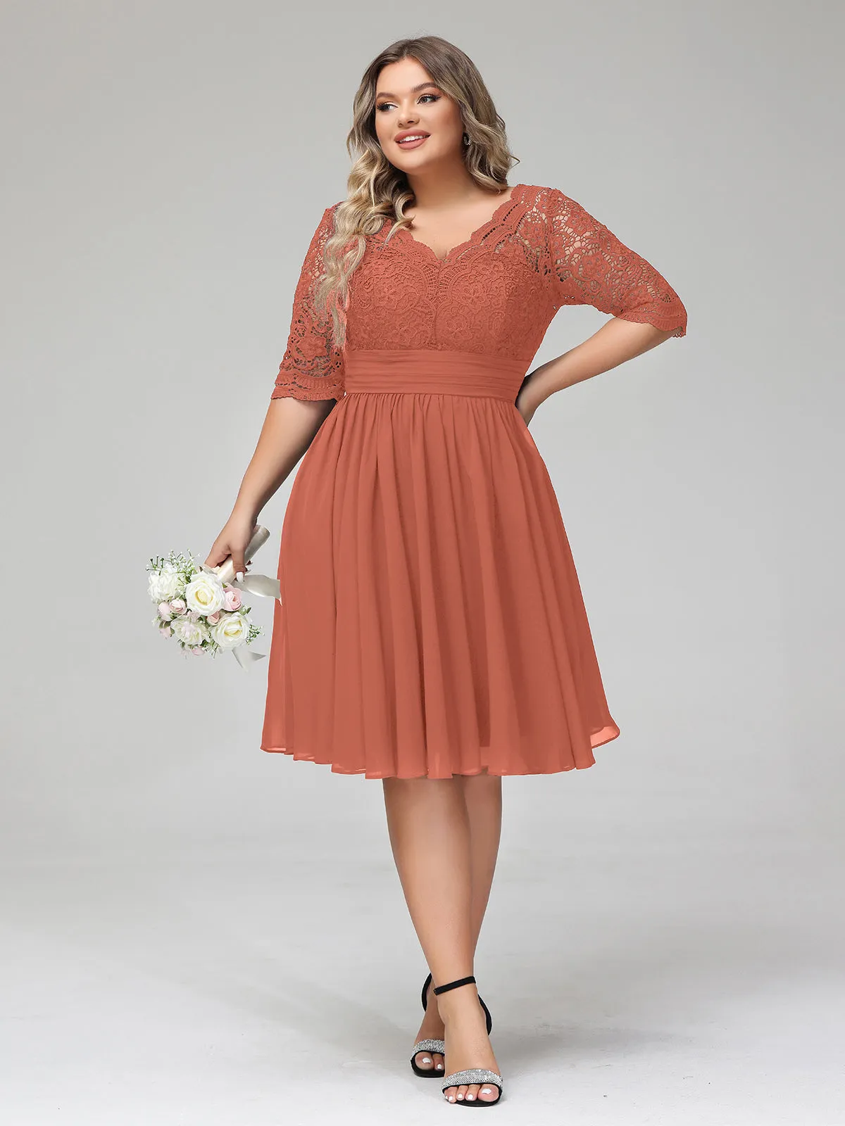 Lace and Chiffon Short Dress with Half Sleeves Rust