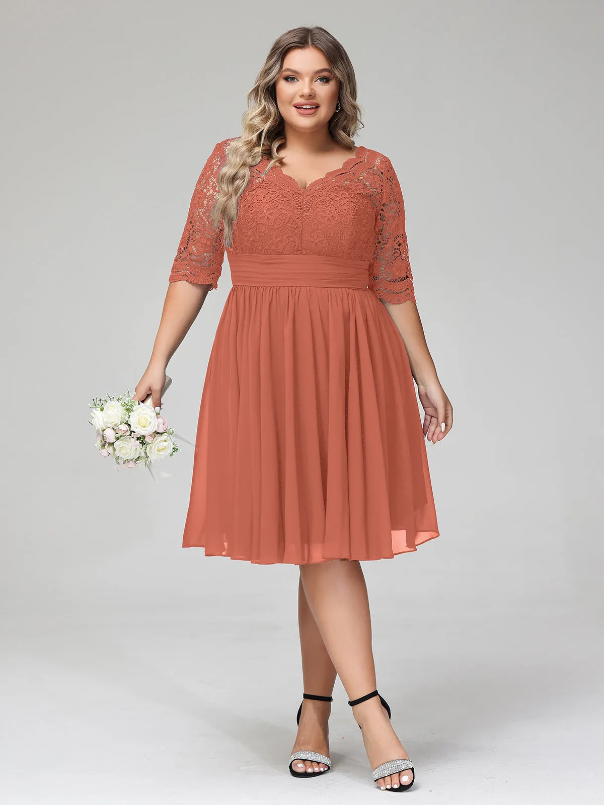 Lace and Chiffon Short Dress with Half Sleeves Rust